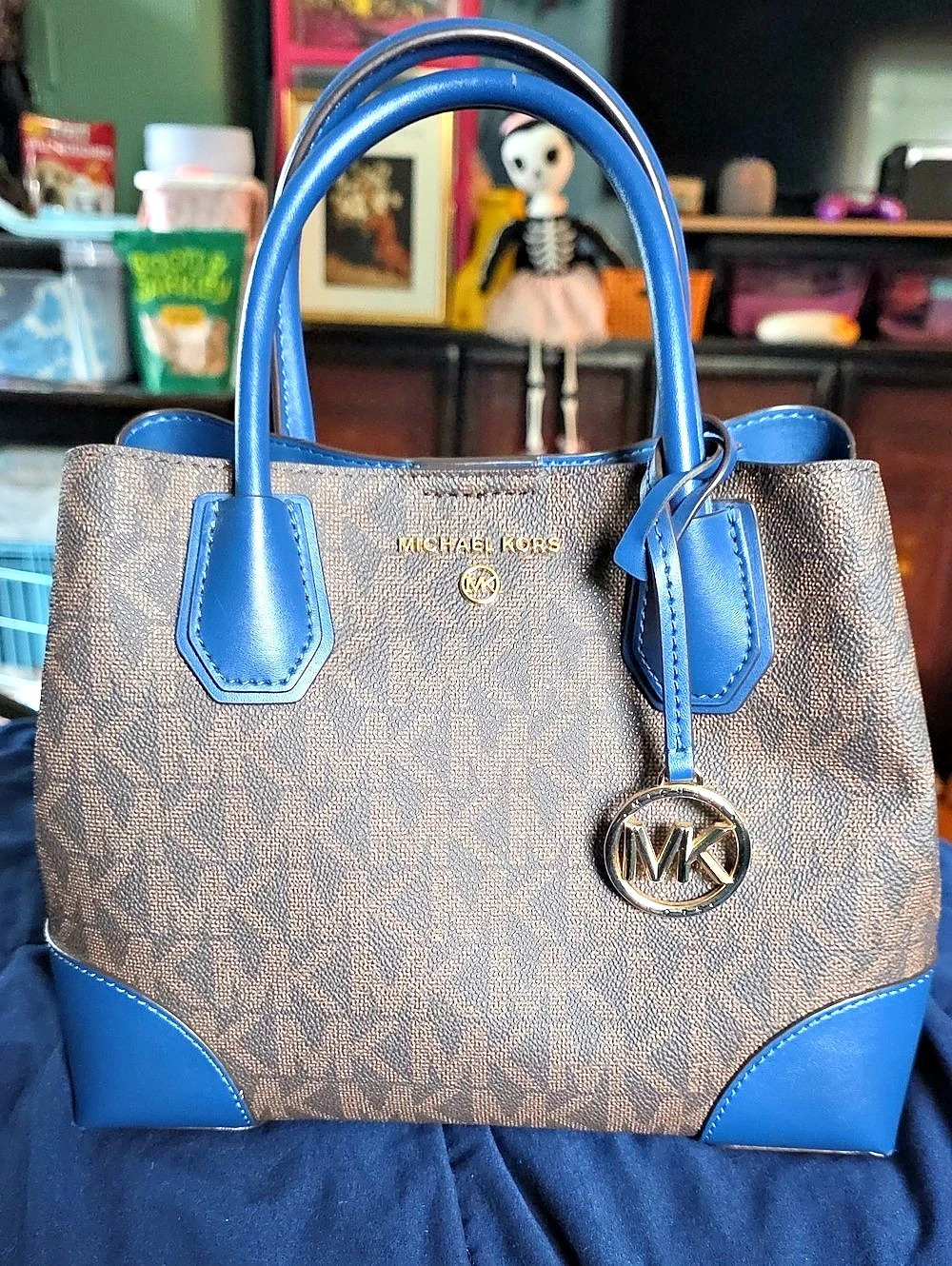 Michael Kors Mercer Medium Color-Block Leather Belted Satchel Brown & Blue